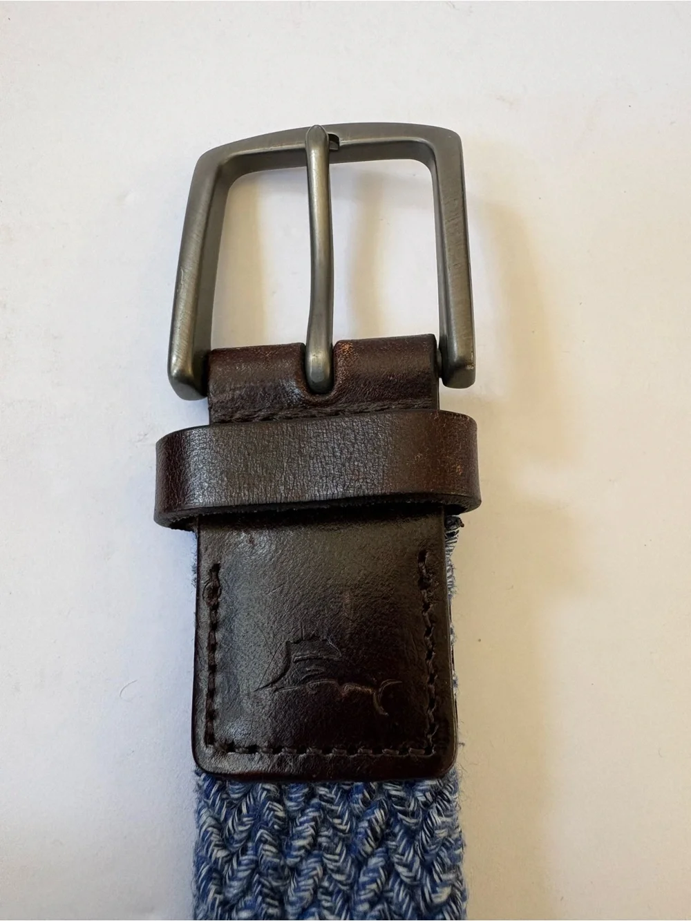 Tommy Bahama Stretch Webbed Belt Blue Leather Trim S Boat Preppy Resort Cruise